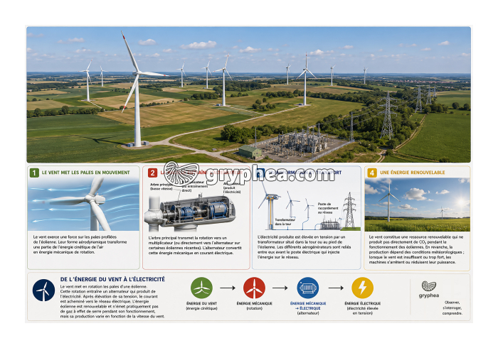 Production d'électricité dans un parc à éoliennes - gryphea.org